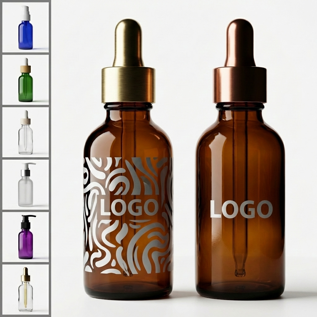 Multi-Color Glass Bottle Set with Interchangeable Dropper, Pump & Spray Caps